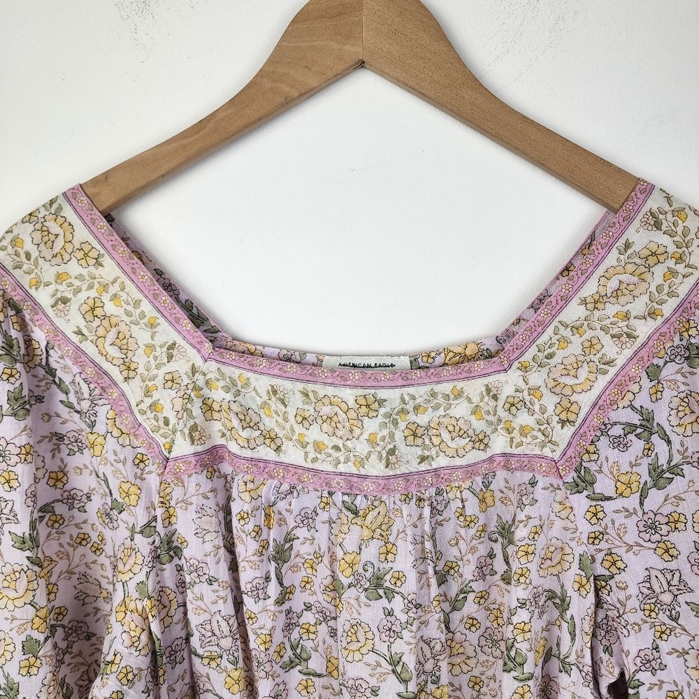 American Eagle AEO Cotton Top Floral Peasant Blouse Boho Balloon Long Sleeve S - Picture 15 of 16